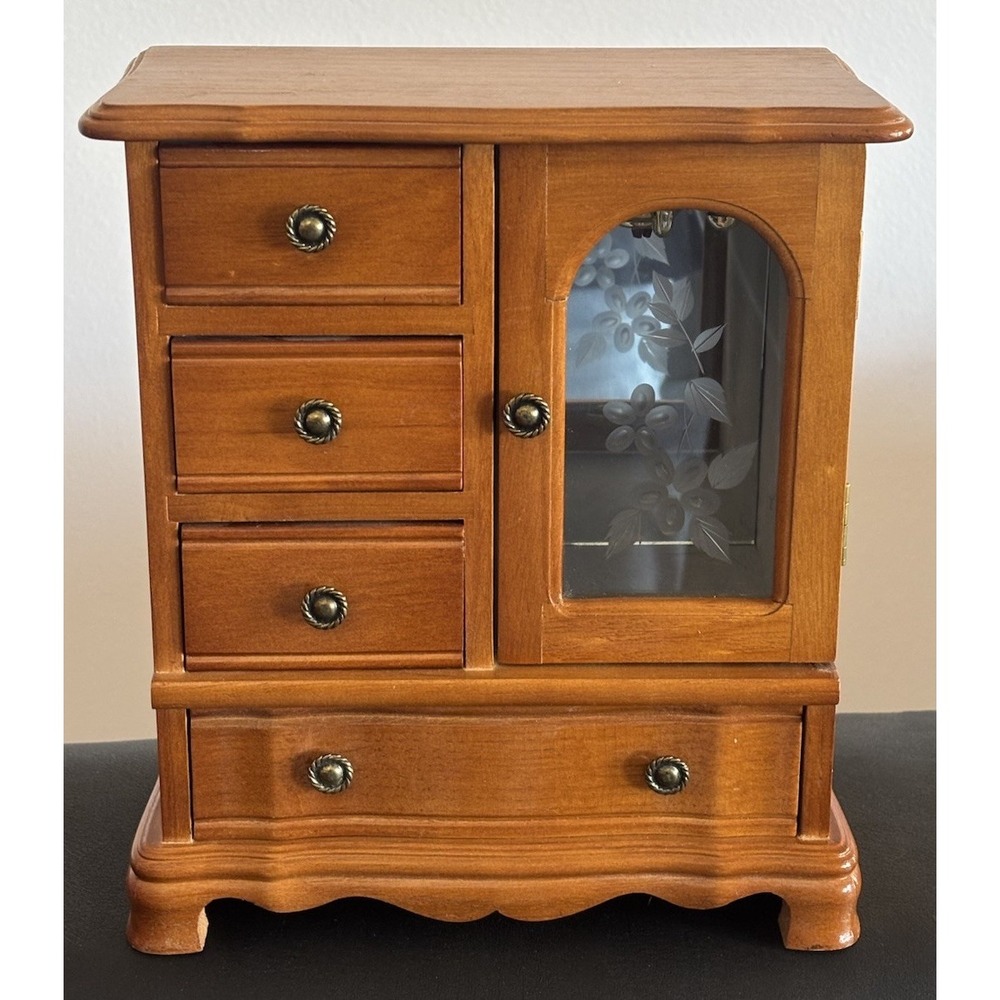 Vtg Armoire Wood Music Jewelry Box 4 Drawers Necklace Carousel 'Love is Blue'
